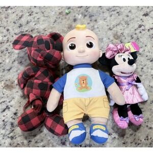 Lot of 3 Plush Toys CoComelon JJ Disney Minnie Buffalo Plaid Mickey Mouse